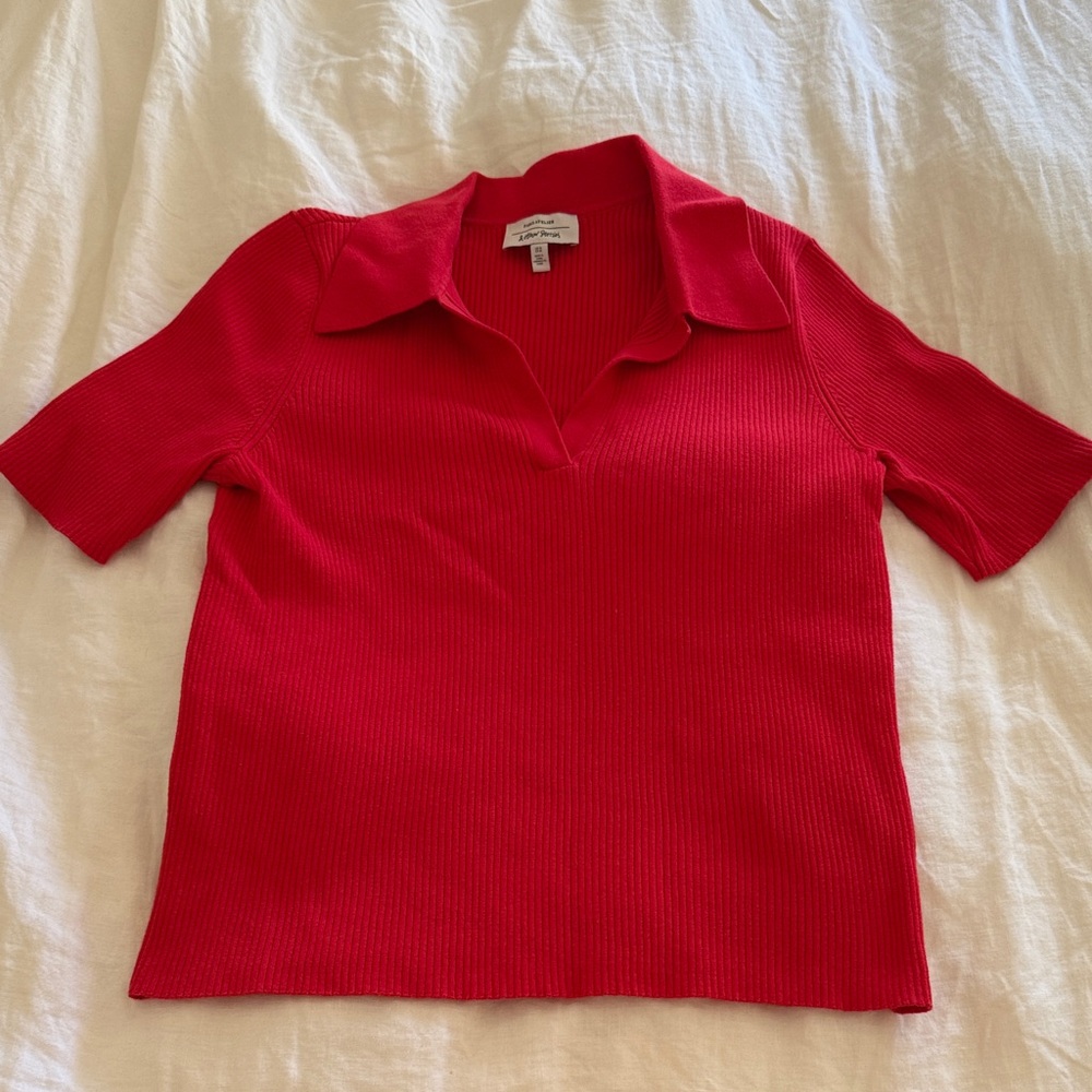 & Other Stories red ribbed collared short sleeve top